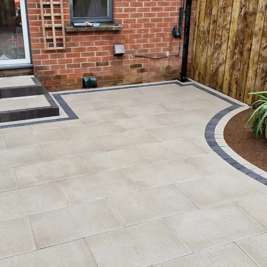 Curved porcelain patio installation by Perfect Paving Belfast